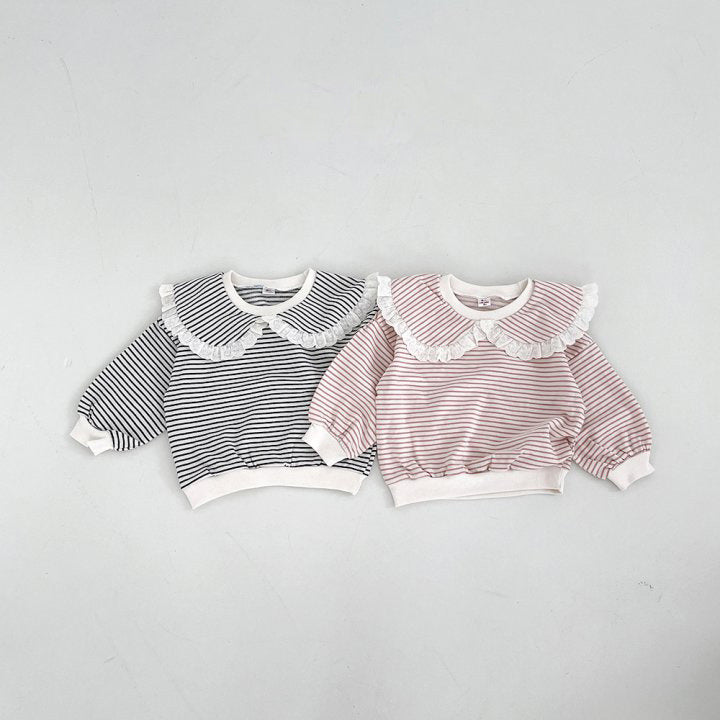 Girls Sweet Lace Lapel Striped Sweater Top Autumn Long Sleeve Top