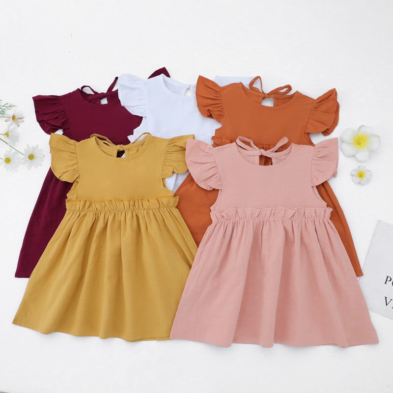 Ruffle Fly Sleeve Cotton Linen Kids Dress Daily Wear Girls Dresses