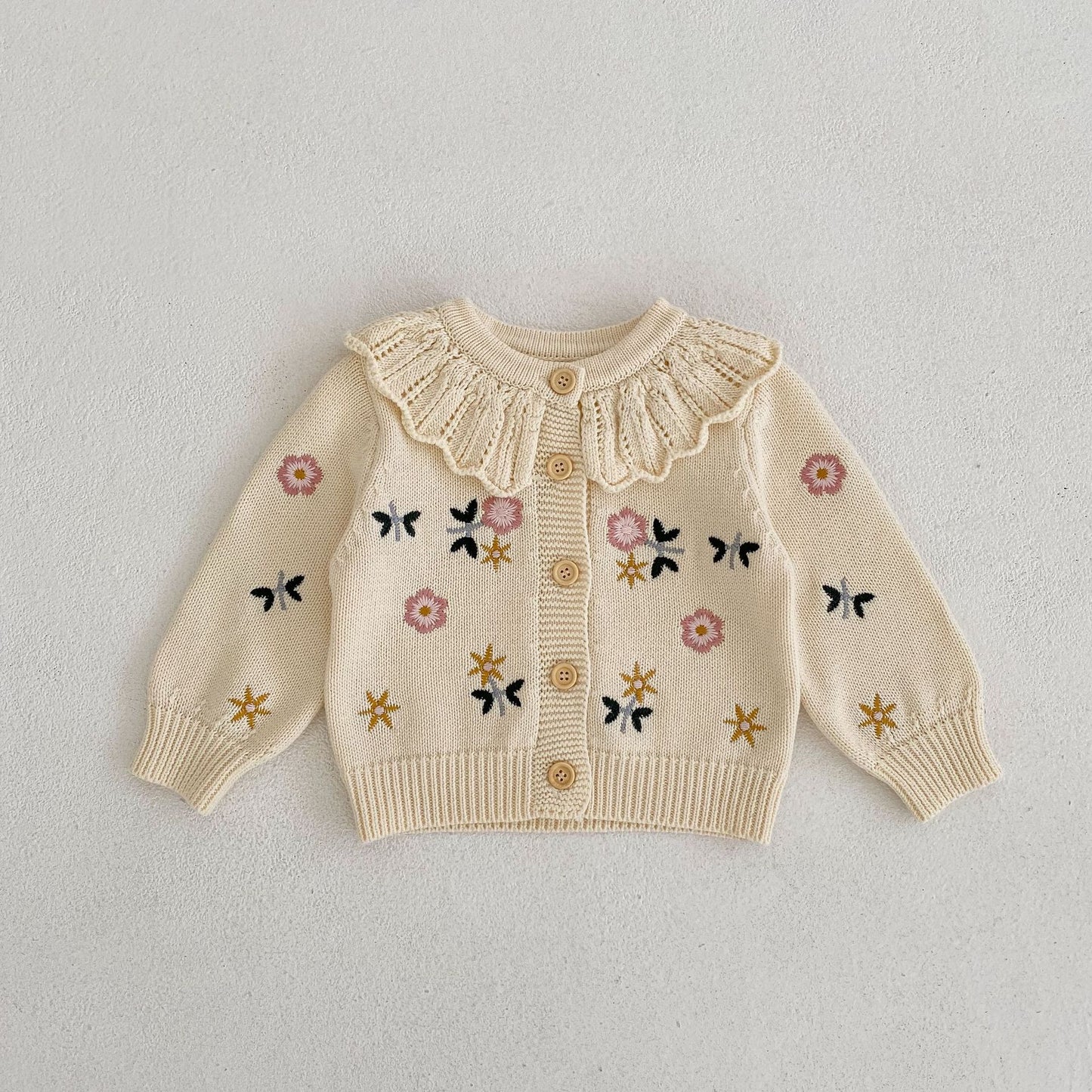 Spring and Autumn Girls' Versatile Flower Embroidered Lotus Leaf Collar Knitted Cardigan Jacket