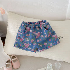 0-5 Years Old Girls Denim Floral Shorts