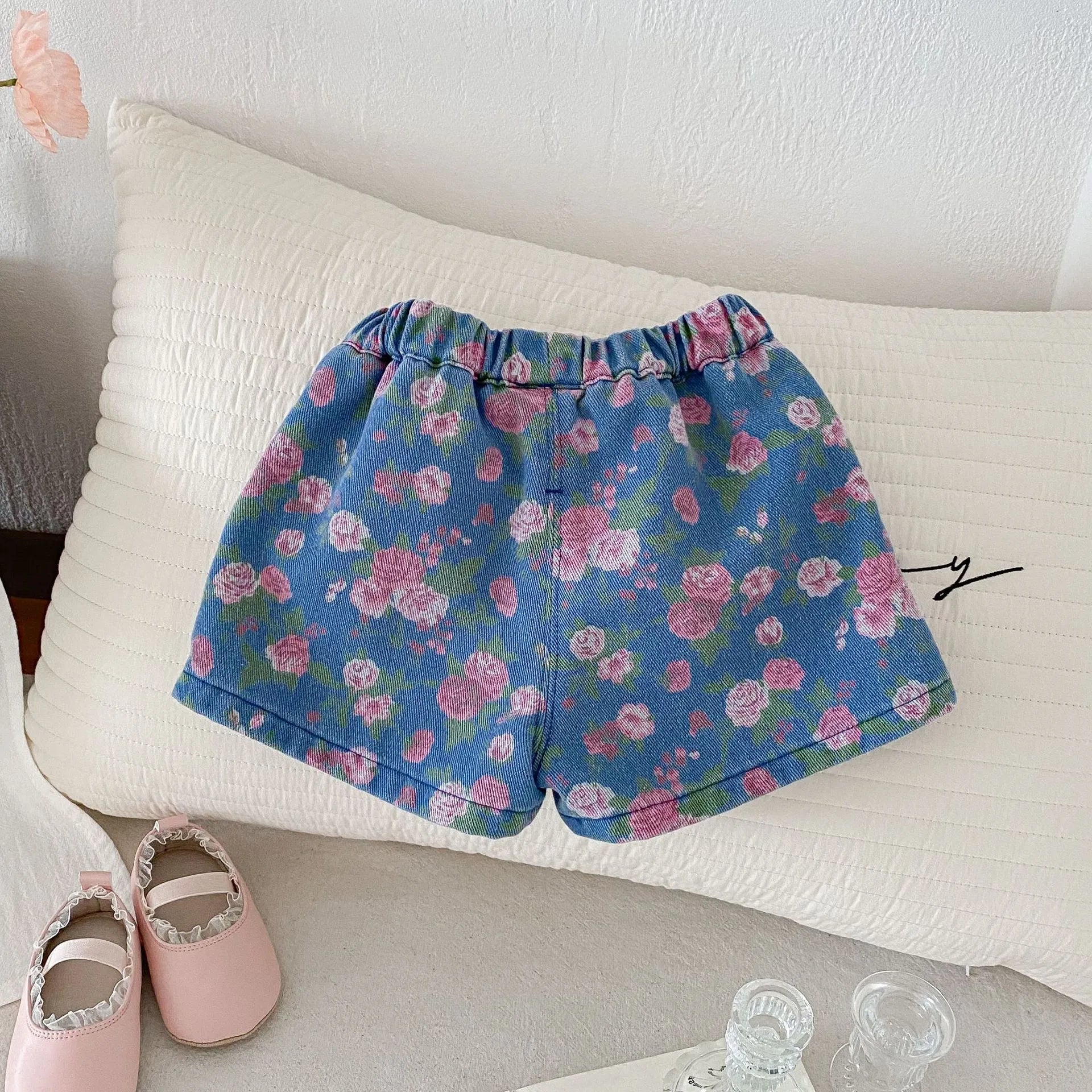 0-5 Years Old Girls Denim Floral Shorts