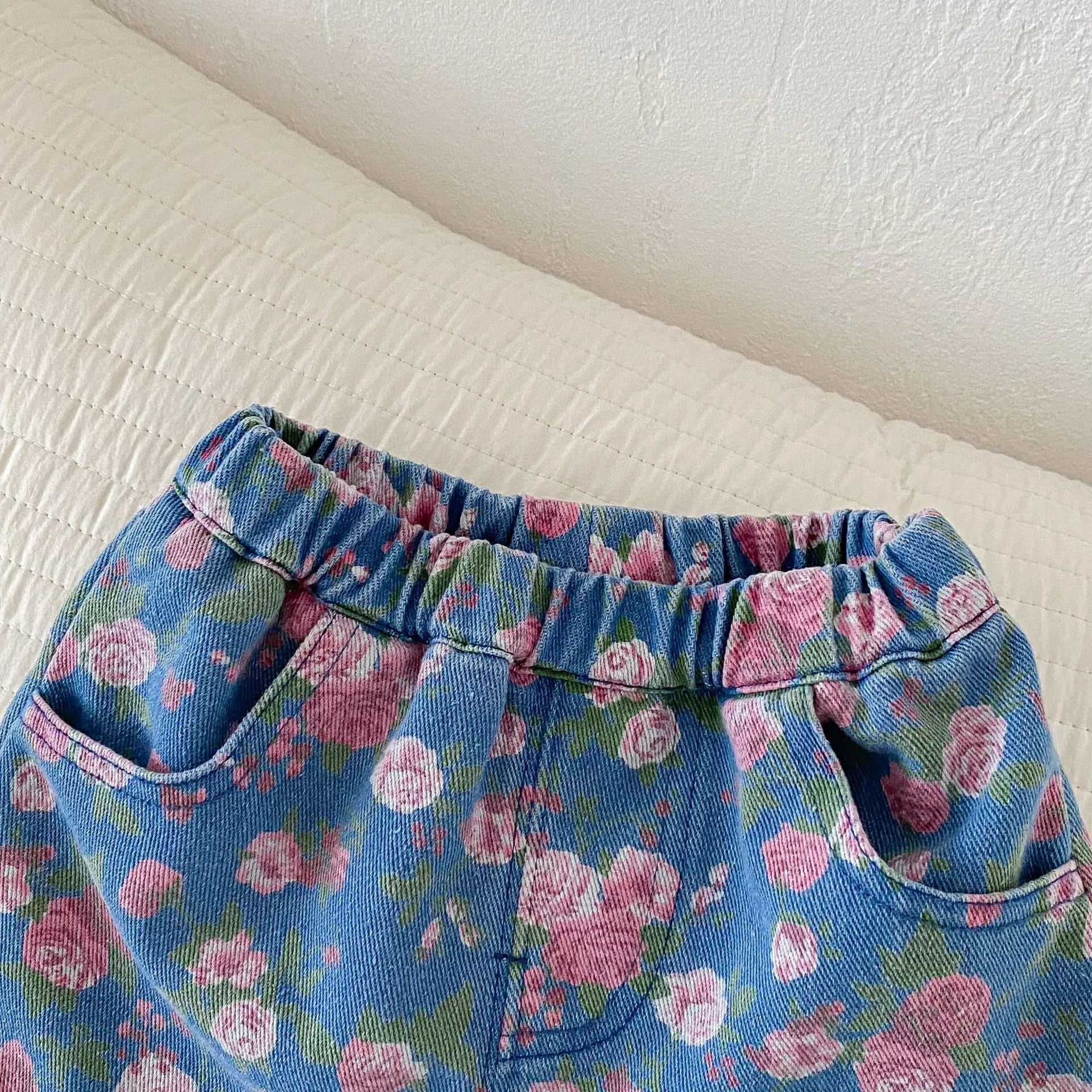 0-5 Years Old Girls Denim Floral Shorts