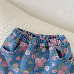 0-5 Years Old Girls Denim Floral Shorts