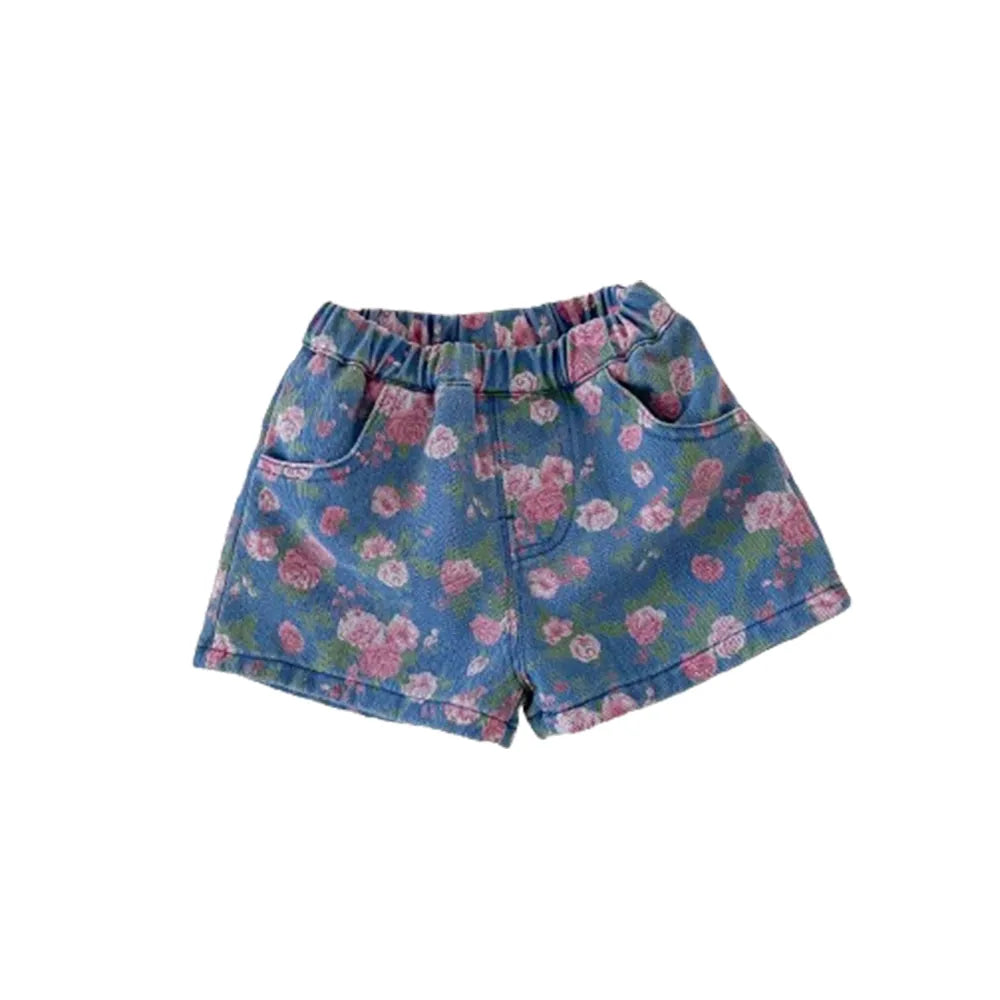 0-5 Years Old Girls Denim Floral Shorts