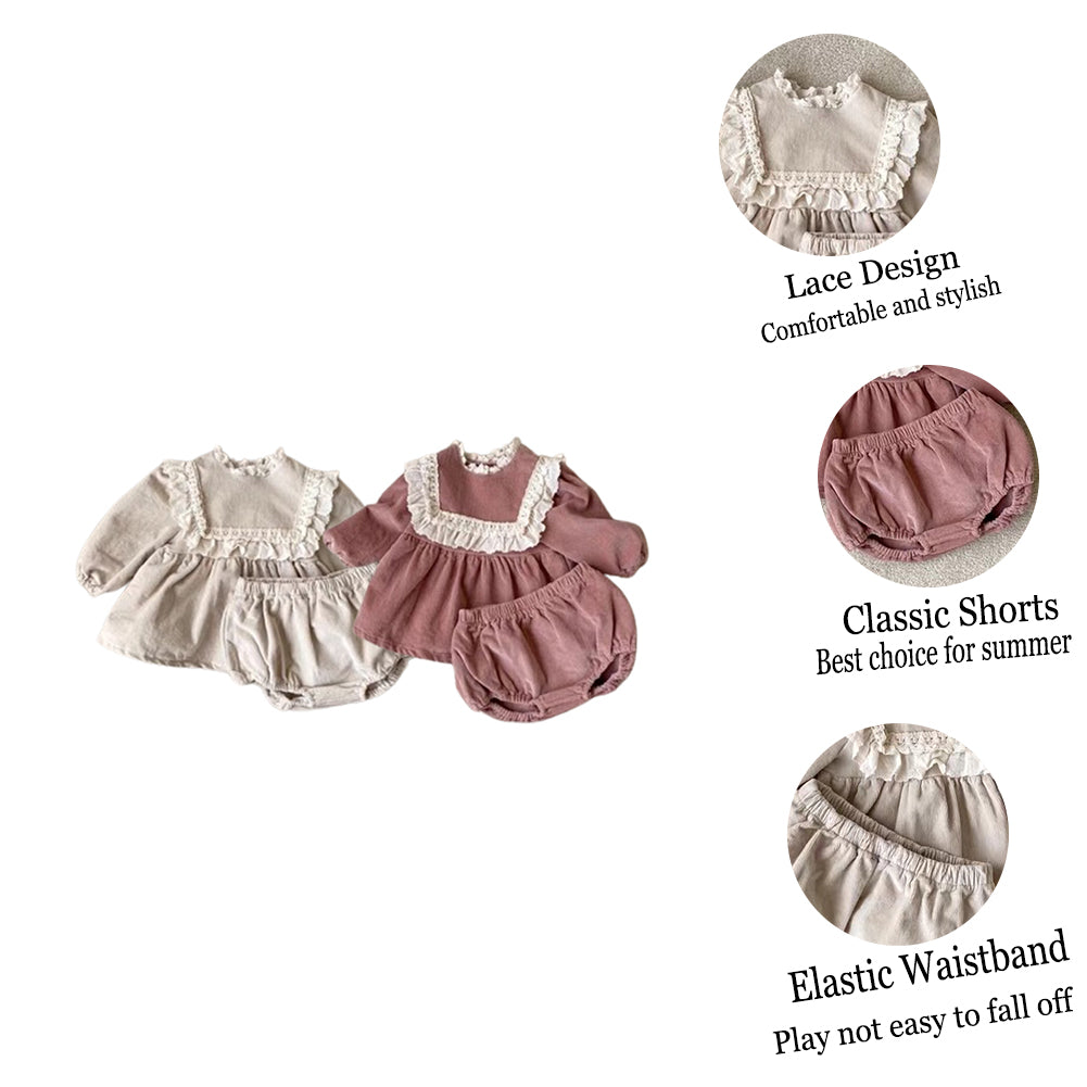 Chemise de poupée en dentelle brodée en velours côtelé pour bébé fille, ensemble de grands shorts PP Bummies