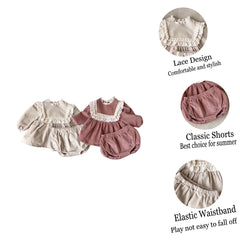 Chemise de poupée en dentelle brodée en velours côtelé pour bébé fille, ensemble de grands shorts PP Bummies