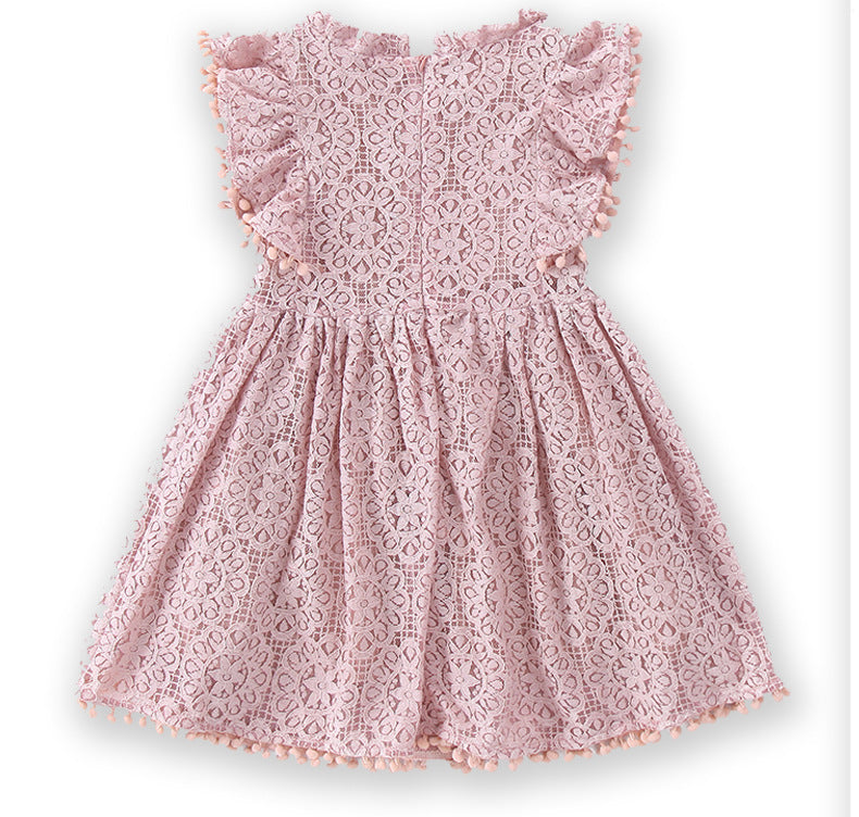 Toddler Girls Elegant Lace Pom Flutter Sleeve Party Princess Dress