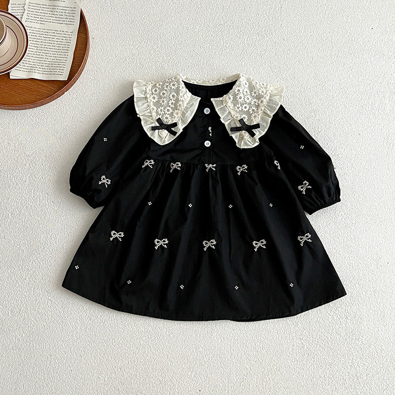 Little Girl Black Embroidered Bow Princess Dress