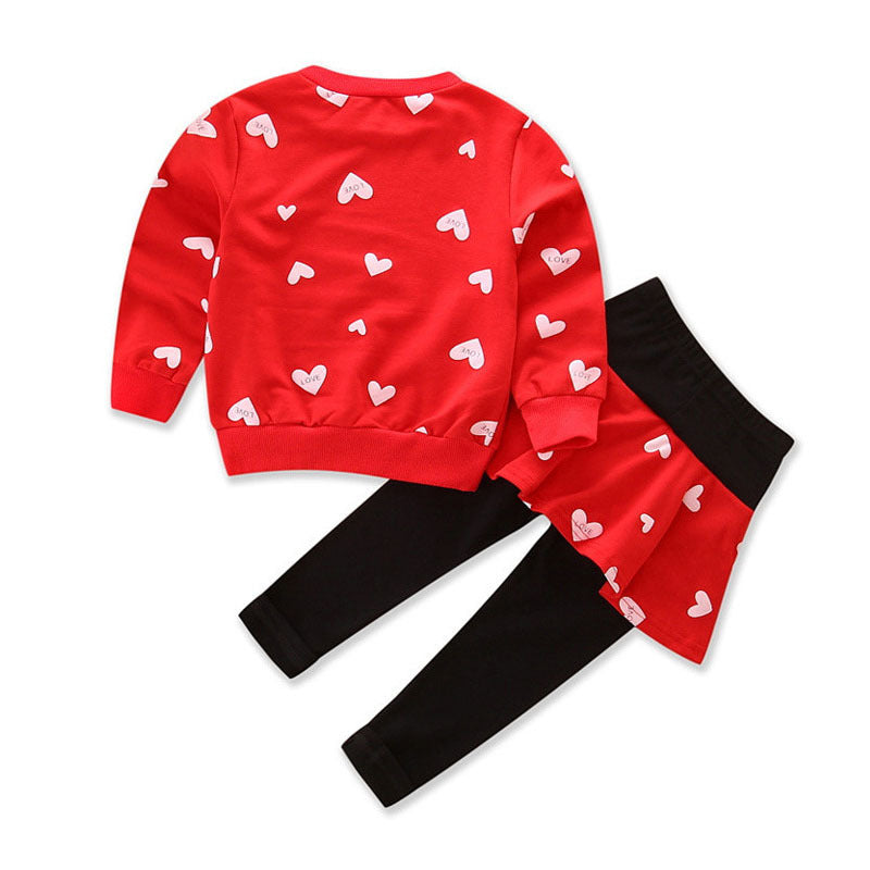 Heart Print Top + Long Pantskirts 2pcs Baby Pant Set for Toddlers Kids