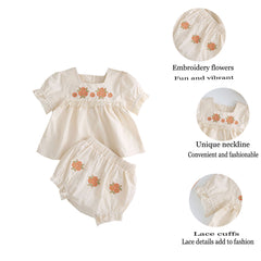 Baby Girl And Toddler Short-Sleeved Tops And Pants Embroidered Suit