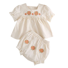 Baby Girl And Toddler Short-Sleeved Tops And Pants Embroidered Suit