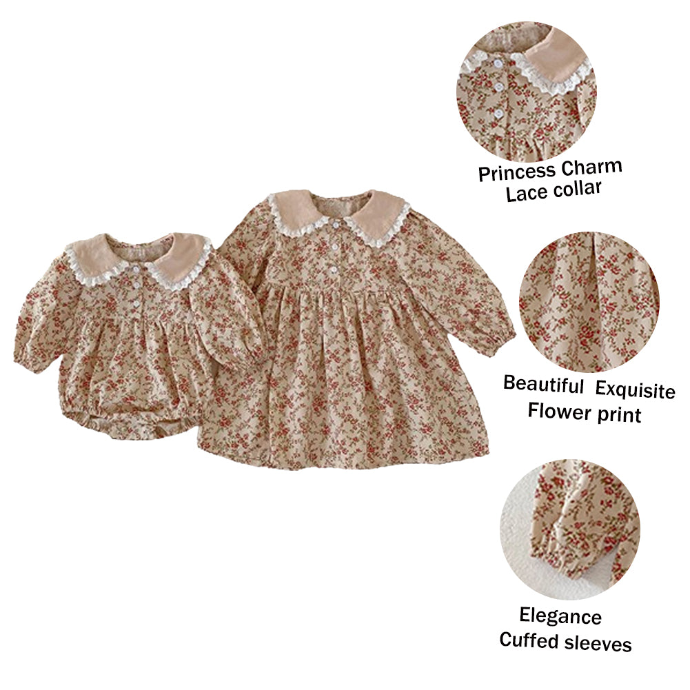 Vêtements assortis pour sœurs, barboteuse florale pour petites filles, robe de princesse à col de poupée