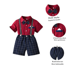 Children's Bow Shirt Suspenders Plaid Pants Suit