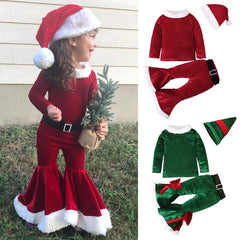 3 Piece Fall Winter Toddler Christmas Outfit Newborn Baby Girl Clothes Set Cute Fleece Long Sleeve Bodysuit+Flare Pants+Hat