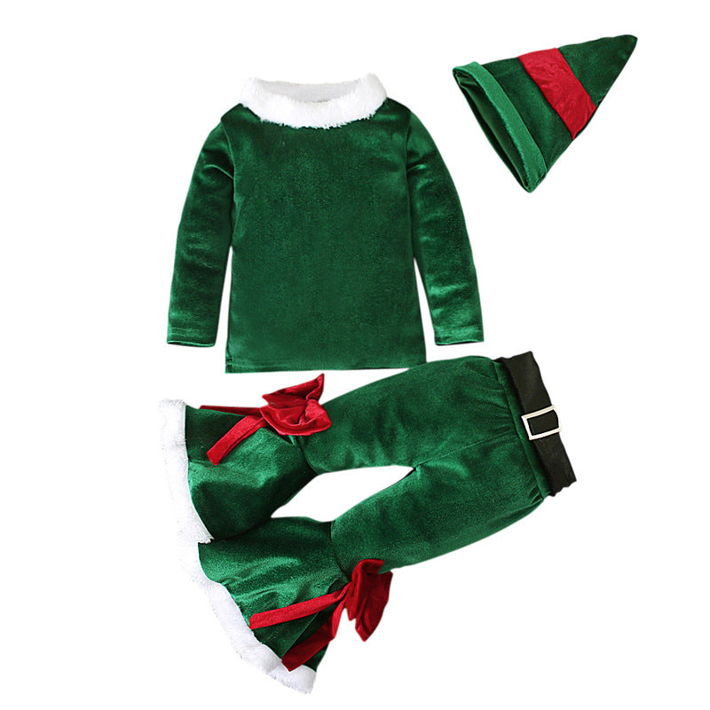 3 Piece Fall Winter Toddler Christmas Outfit Newborn Baby Girl Clothes Set Cute Fleece Long Sleeve Green Bodysuit+Flare Pants+Hat