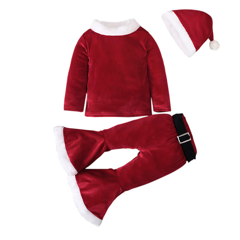 3 Piece Fall Winter Toddler Christmas Outfit Newborn Baby Girl Clothes Set Cute Fleece Long Sleeve Red Bodysuit+Flare Pants+Hat