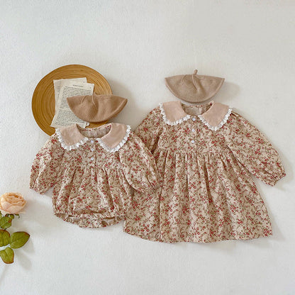 Baby Floral Romper Girls Lace Doll Collar Girls Dress Sister Match Clothes