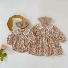 Vêtements assortis pour sœurs, barboteuse florale pour petites filles, robe de princesse à col de poupée