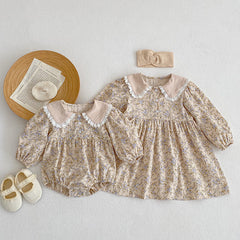 Baby Floral Romper Girls Lace Doll Collar Girls Dress Sister Match Clothes