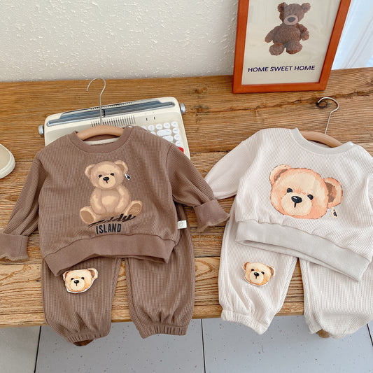 Детская осенняя одежда с буквами и медведями для мальчиков и девочек, детская одежда с вафельным рисунком и длинными рукавами