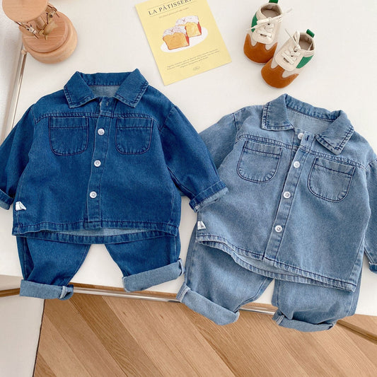 Джинсовая одежда для малышей, девочек и мальчиков, верх на пуговицах, темно-синие джинсы, комплекты брюк