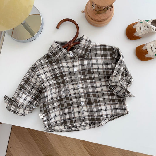Chemise en lin et coton pour garçon, chemise boutonnée à carreaux