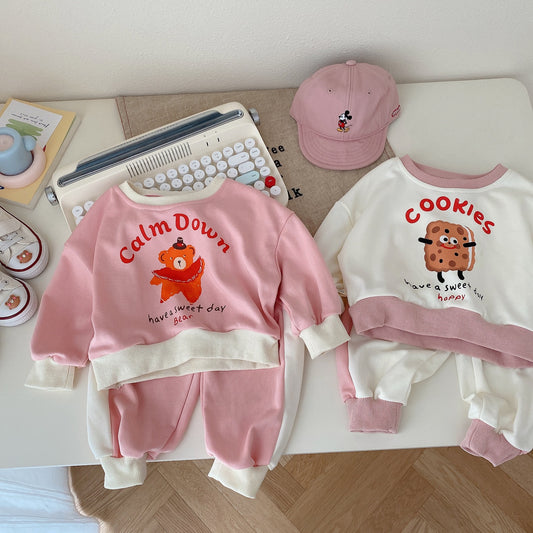 Cartoon Bear Cookies Letter Print Toddler Girl Fall Outfits Tracksuit School Wear