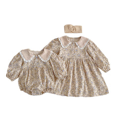 Barboteuse florale en dentelle pour bébés filles, col de poupée, robe pour filles, vêtements assortis pour sœurs