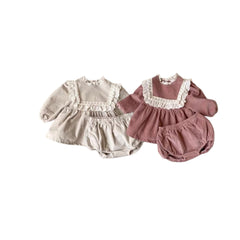 Chemise de poupée en dentelle brodée en velours côtelé pour bébé fille, ensemble de grands shorts PP Bummies