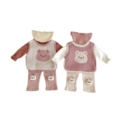 Ensemble 3 pièces gilet ours brodé + chemise à bascule de couleur unie + leggings pour bébé fille