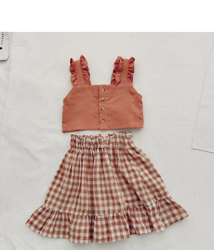 Baby Girls Suspender Crop Top Plaid Skirt Set