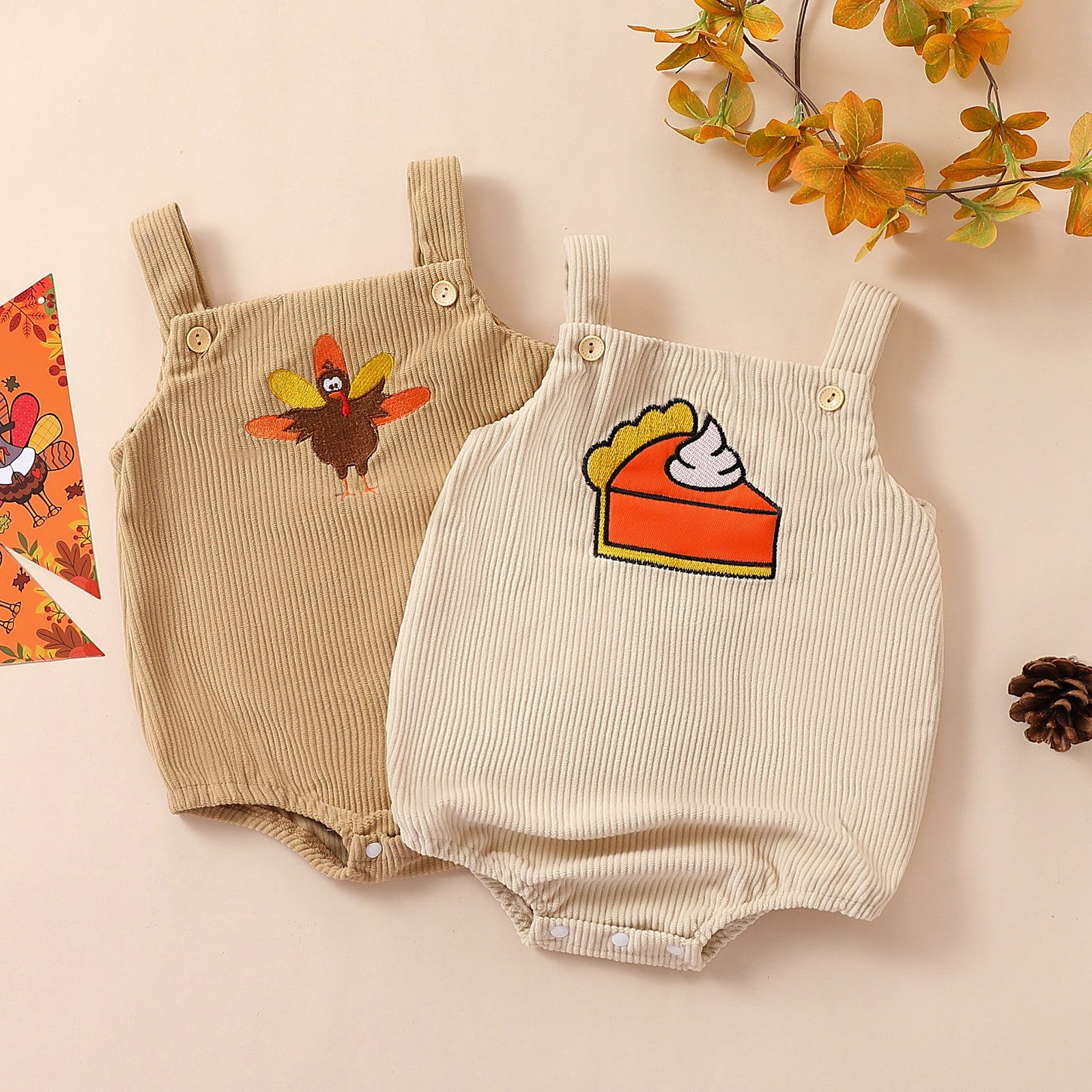 Baby Sleeveless Thanksgiving Turkey Corduroy Romper