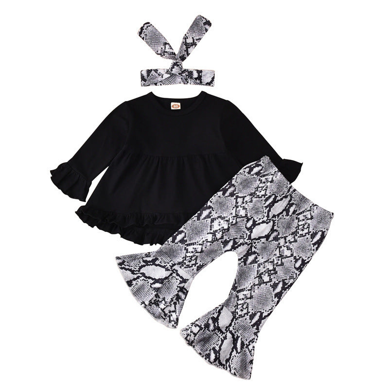 Baby Girl Clothes Toddler Girl Sunflower Outfit Ruffle Sleeve Black Shirt Snakeskin Pant Set Fall Winter Clothing for Girl