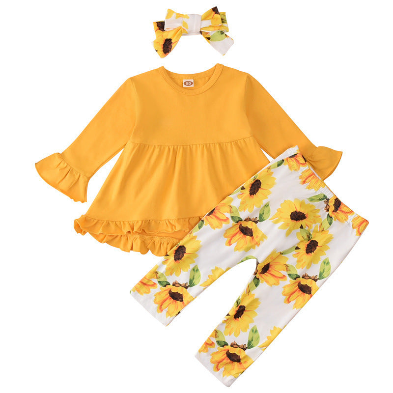 Baby Girl Clothes Toddler Girl Sunflower Outfit Ruffle Sleeve Bright Yellow Shirt Floral Pant Set Fall Winter Clothing for Girl