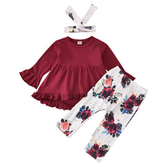 Baby Girl Clothes Toddler Girl Sunflower Outfit Ruffle Sleeve Red Shirt Floral Pant Set Fall Winter Clothing for Girl