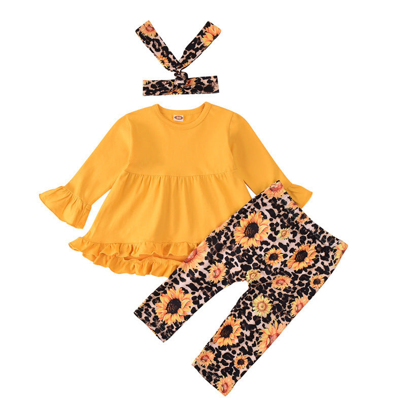 Baby Girl Clothes Toddler Girl Sunflower Outfit Ruffle Sleeve Yellow Shirt Floral Pant Set Fall Winter Clothing for Girl
