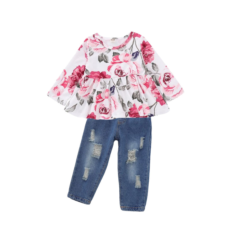 Baby Girl Floral Long Sleeve Pant Set Flower Ruffle Top Denim Pants 2PC Sets