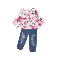 Baby Girl Floral Long Sleeve Pant Set Flower Ruffle Top Denim Pants 2PC Sets