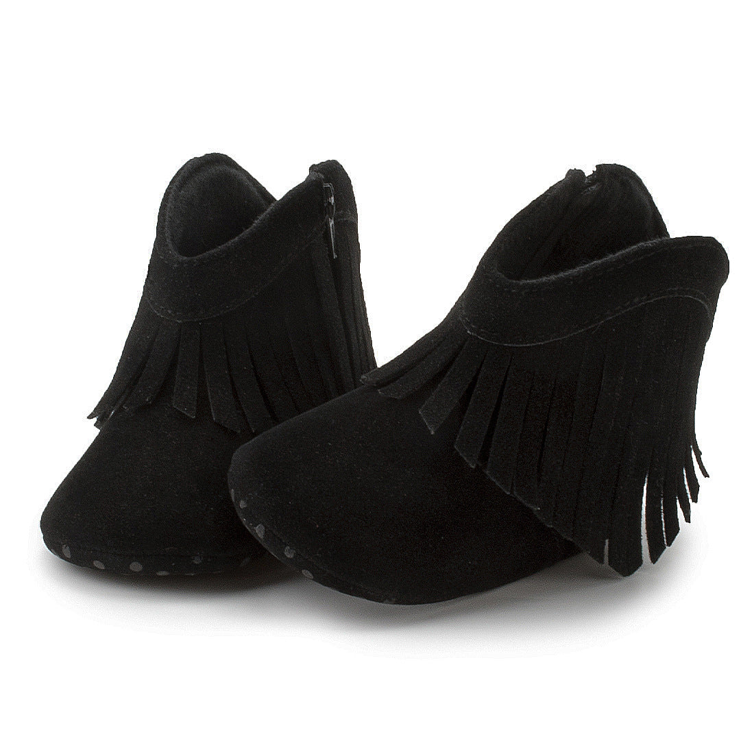 Baby Girls Cowboy Tassel Boots Side Zipper Soft Bottom Non-Slip Black Shoe