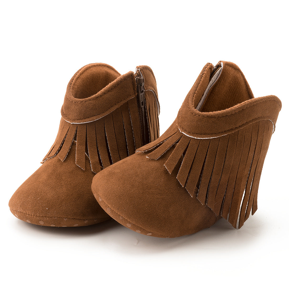 Baby Girls Cowboy Tassel Boots Side Zipper Soft Bottom Non-Slip Brown Shoe