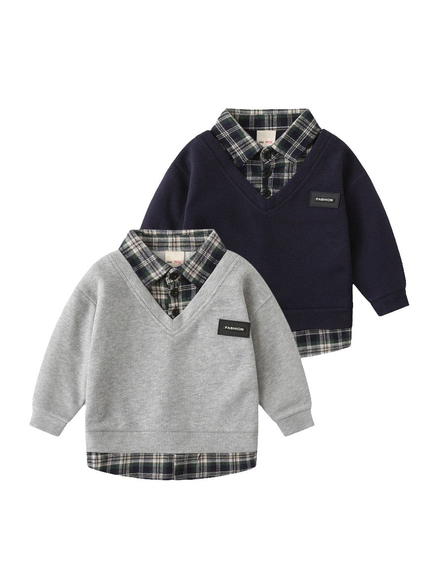 Boy's Fake Two-Piece Shirt Regular Fit Plaid Collar Pullover Tops