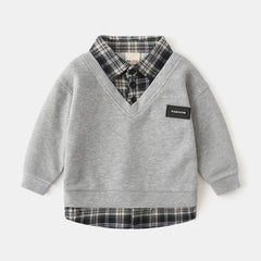 Boy's Fake Two-Piece Shirt Regular Fit Plaid Collar Pullover Tops