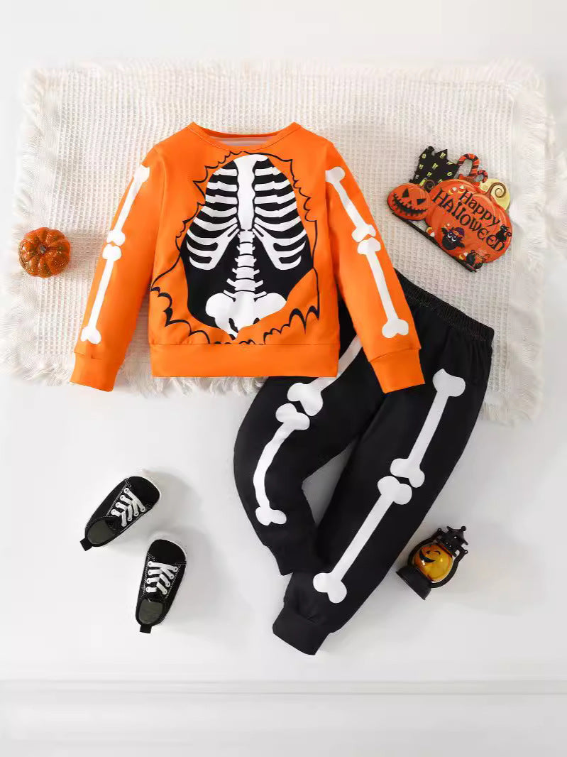 Boys Halloween Bone Print Long Sleeve Top and Pants Two-Piece Set