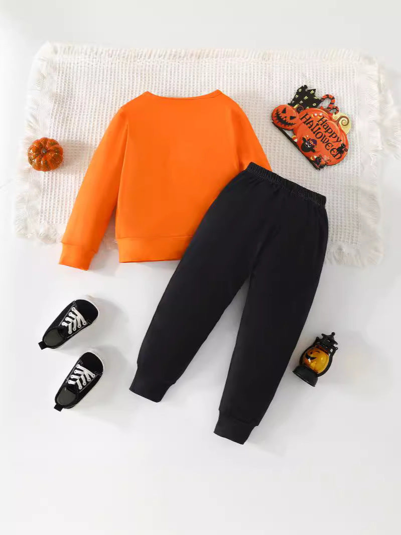 Boys Halloween Bone Print Long Sleeve Top and Pants Two-Piece Set