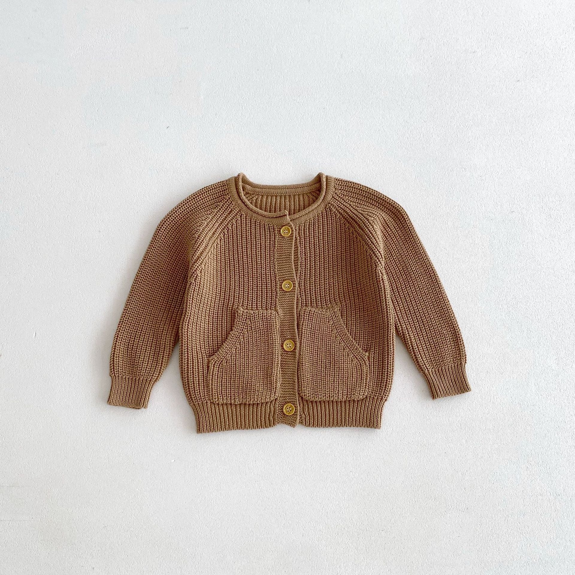 Brown Color Sweater Cardigan Button Down Knitted Outerwear Coats with 2 Pockets