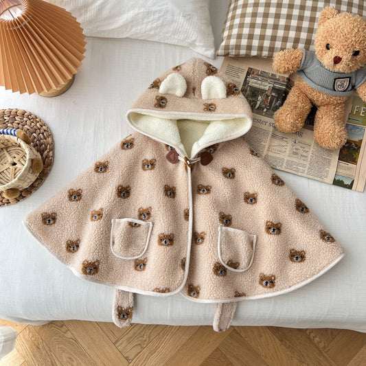 Child Poncho Bear With Hood Toddler Fleece Hooded Wool Blend Capes