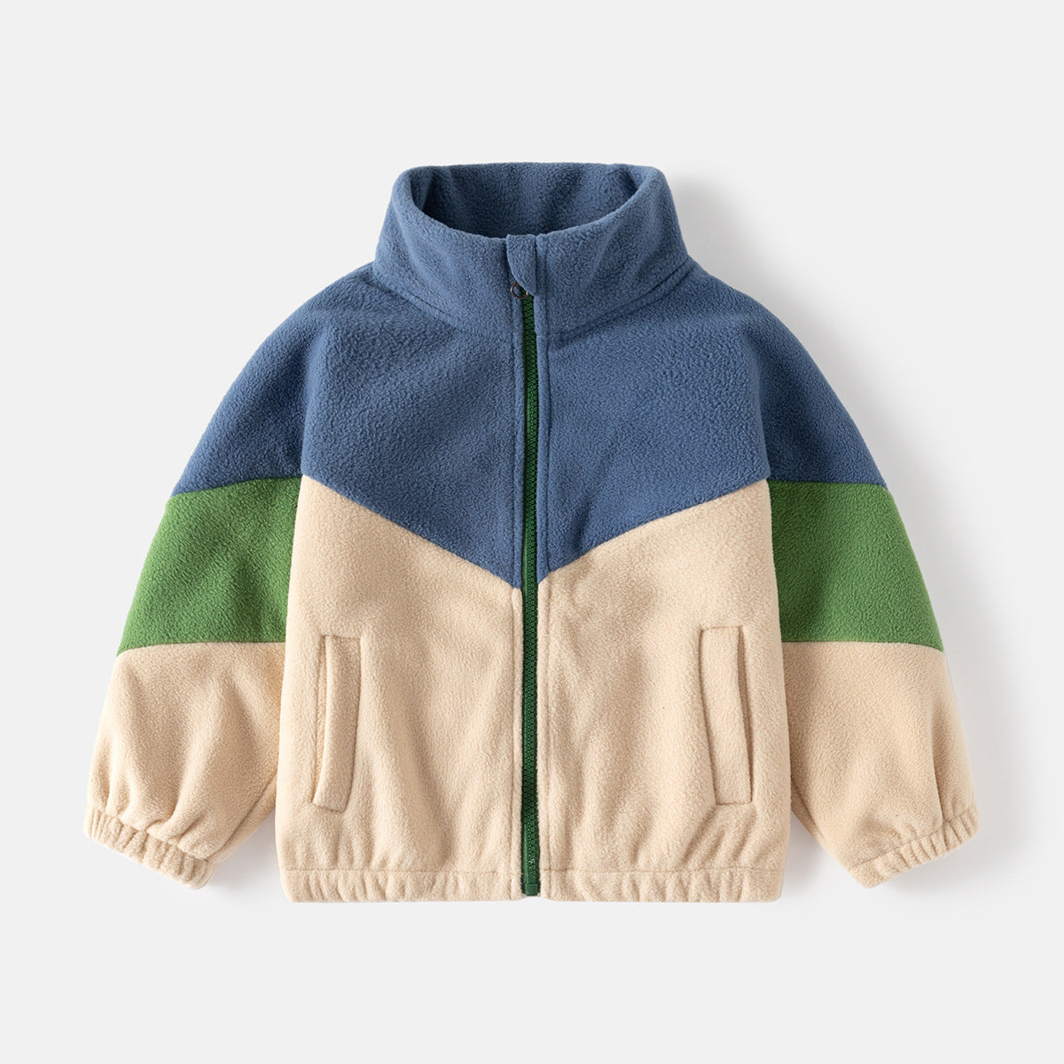 Children's Polar Fleece Contrast Color Stand Collar Blue Jacket Coat With Pockets