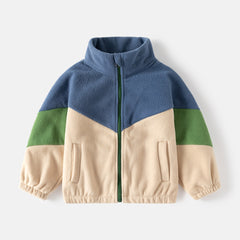 Children's Polar Fleece Contrast Color Stand Collar Blue Jacket Coat With Pockets