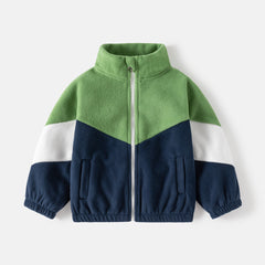 Children's Polar Fleece Contrast Color Stand Collar Green Jacket Coat With Pockets