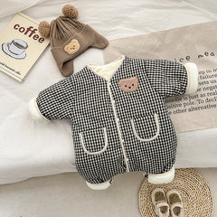 Cute Cartoon Bear Black Plaid Print Thickened Warm Button Jumpsuit With Pockets